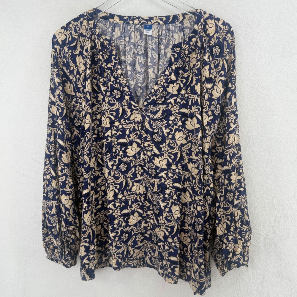 Old Navy Blouse Womens XL Navy Blue Tan Floral V-Neck Long Sleeve Rayon Top